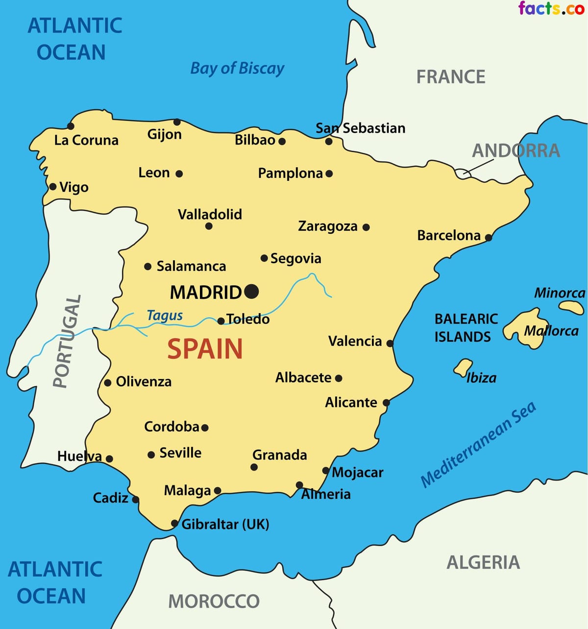 mapa da Espanha, mostrando cidades