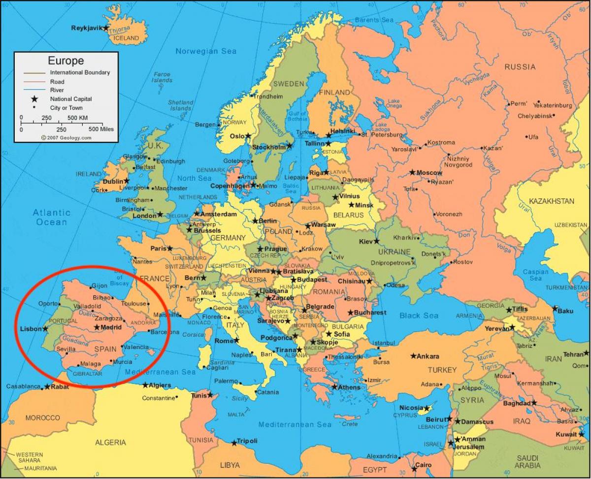 Mapa de Espanha e países vizinhos - Mapa de Espanha e países vizinhos (Sul  da Europa - Europa)