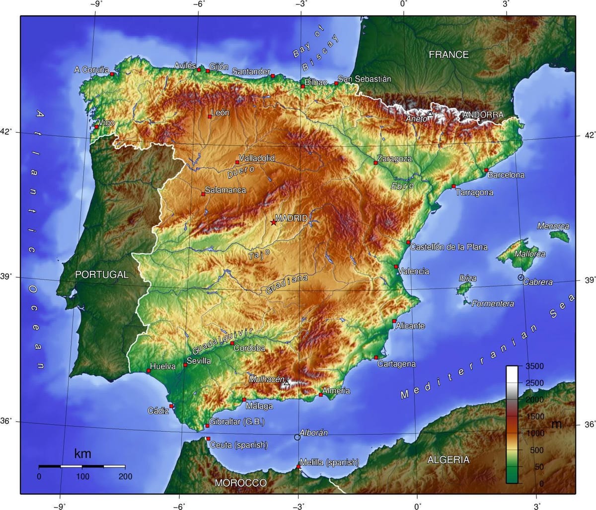 mapa da Espanha elevação