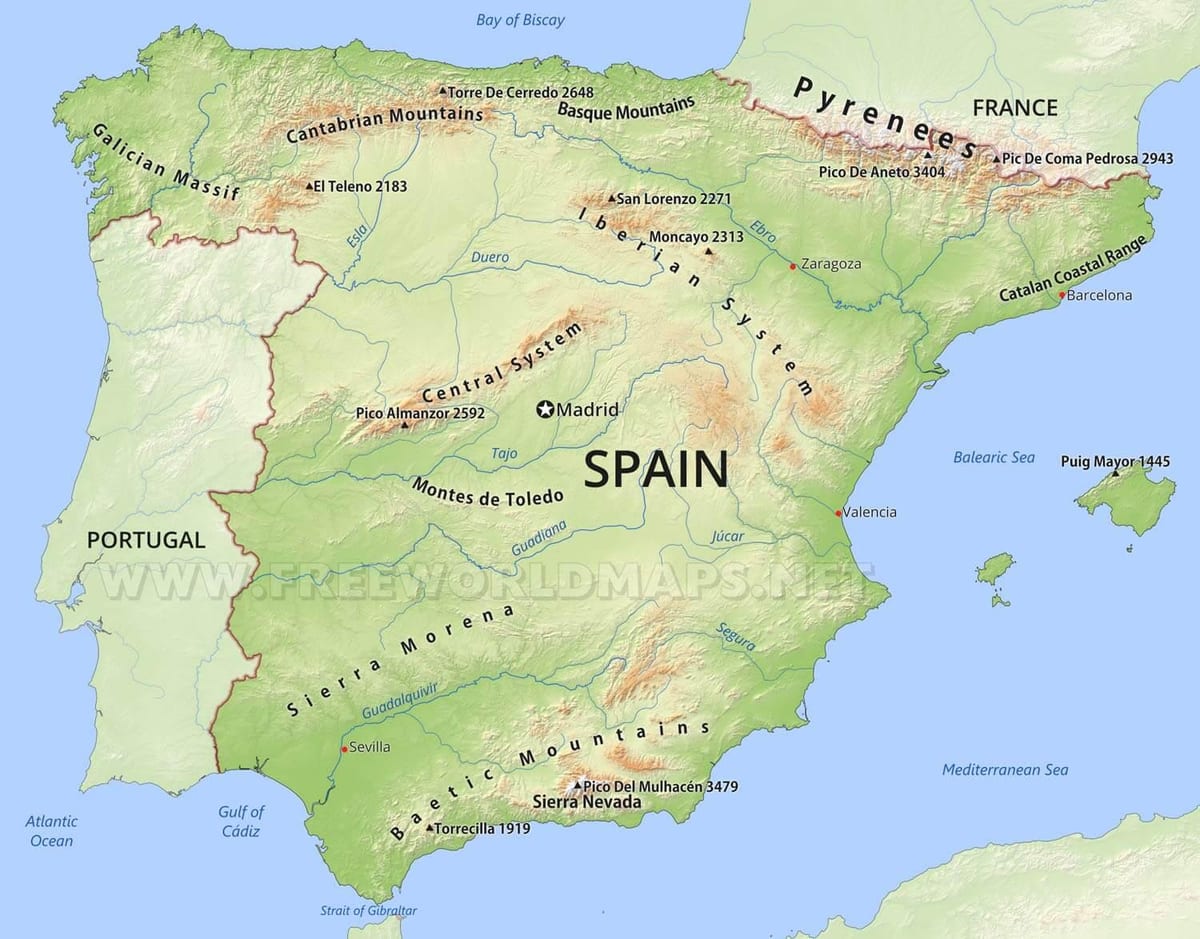 mapa da Espanha montanhas