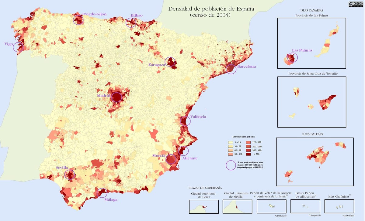 Espanha mapa de densidade de população