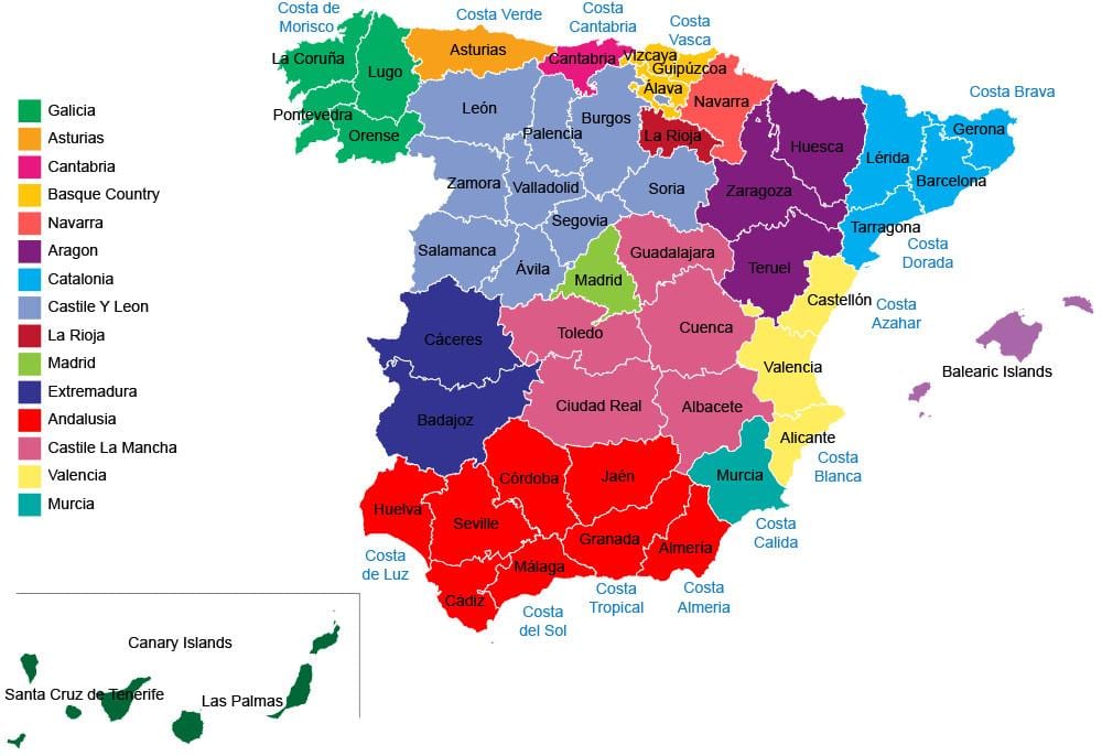 Espanha mapa de regiões, províncias