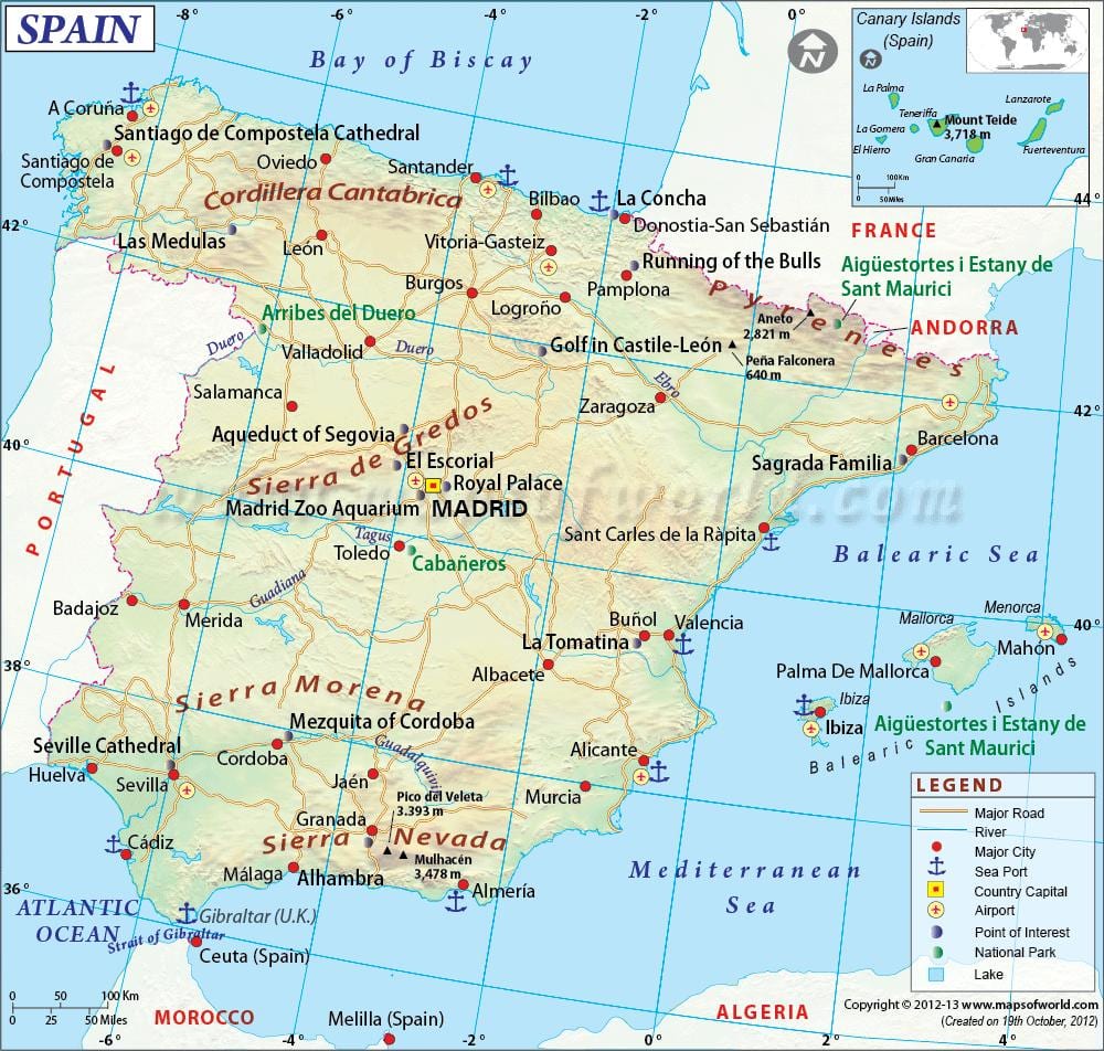 mapa da Espanha, mostrando grandes cidades