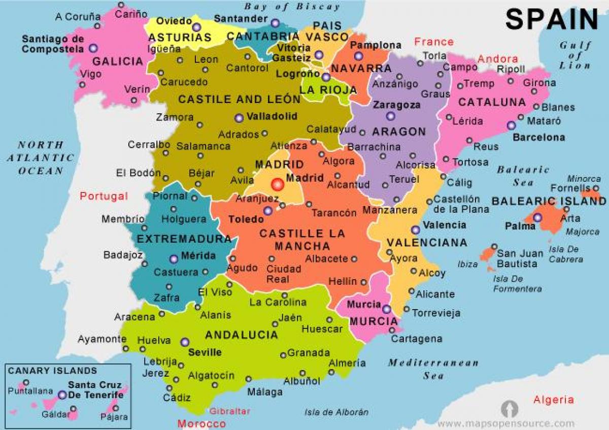 Mapa da Espanha resorts de férias - Mapa de Espanha continental resorts