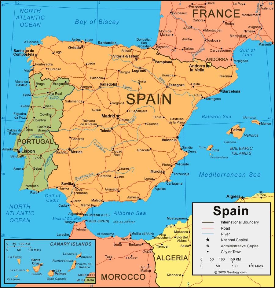 mapa de Espanha e países vizinhos