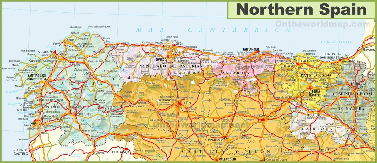 mapa do norte da Espanha com cidades