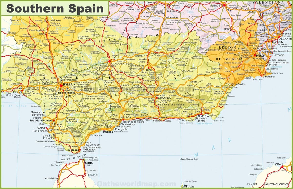 mapa detalhado do sul da Espanha