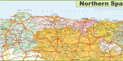 Mapa do norte da Espanha com cidades